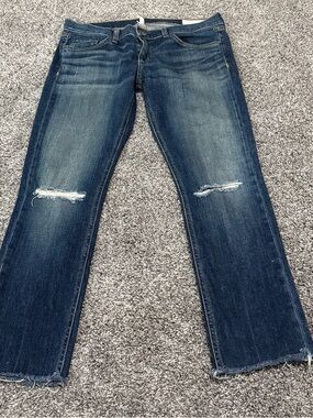 rag & bone Women's Dark Blue Straight-Leg Jeans with Knee Rips
